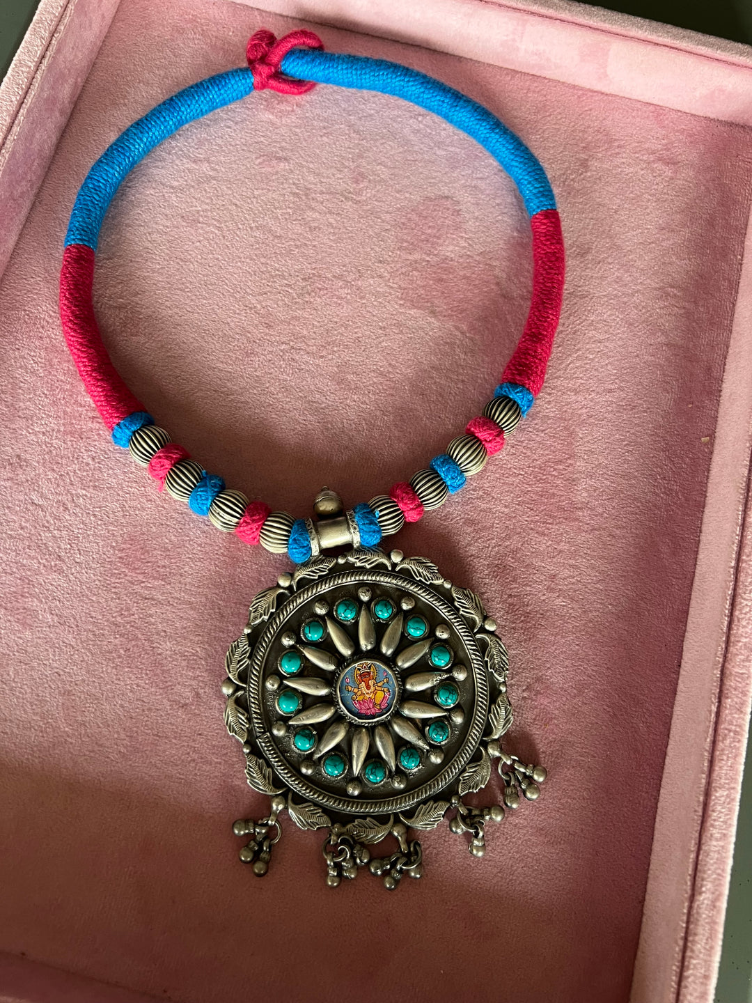 Divine Elegance: Handmade Silver Thread Pendant Necklace with Ganesha Figurine