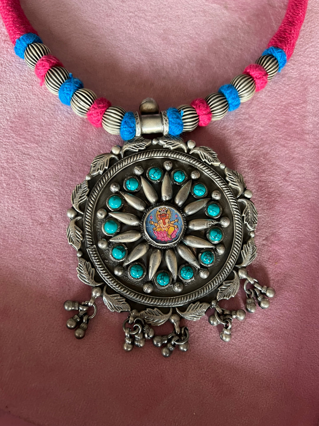 Divine Elegance: Handmade Silver Thread Pendant Necklace with Ganesha Figurine