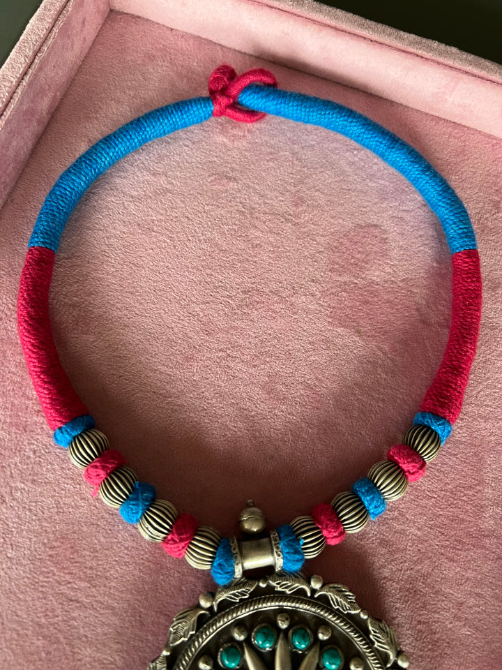 Divine Elegance: Handmade Silver Thread Pendant Necklace with Ganesha Figurine