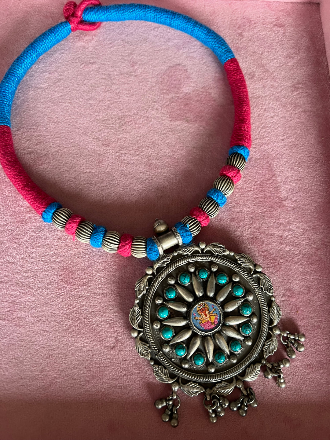 Divine Elegance: Handmade Silver Thread Pendant Necklace with Ganesha Figurine