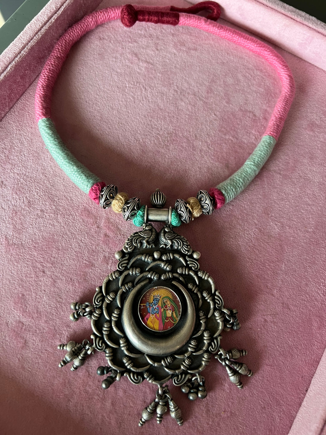 Divine Elegance: Handmade Silver Thread Pendant Necklace with Radha Krishna Figurine