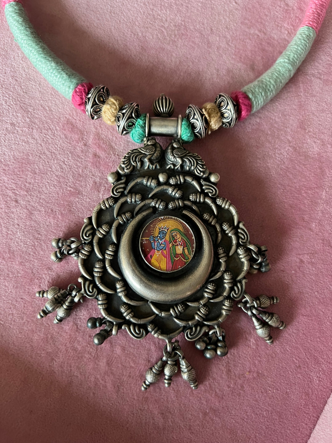 Divine Elegance: Handmade Silver Thread Pendant Necklace with Radha Krishna Figurine