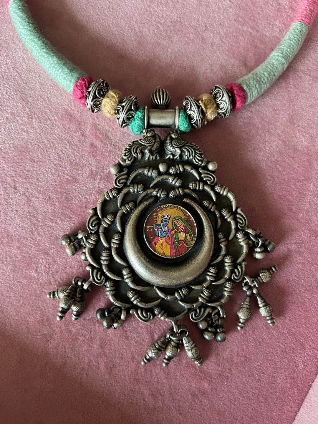 Divine Elegance: Handmade Silver Thread Pendant Necklace with Radha Krishna Figurine