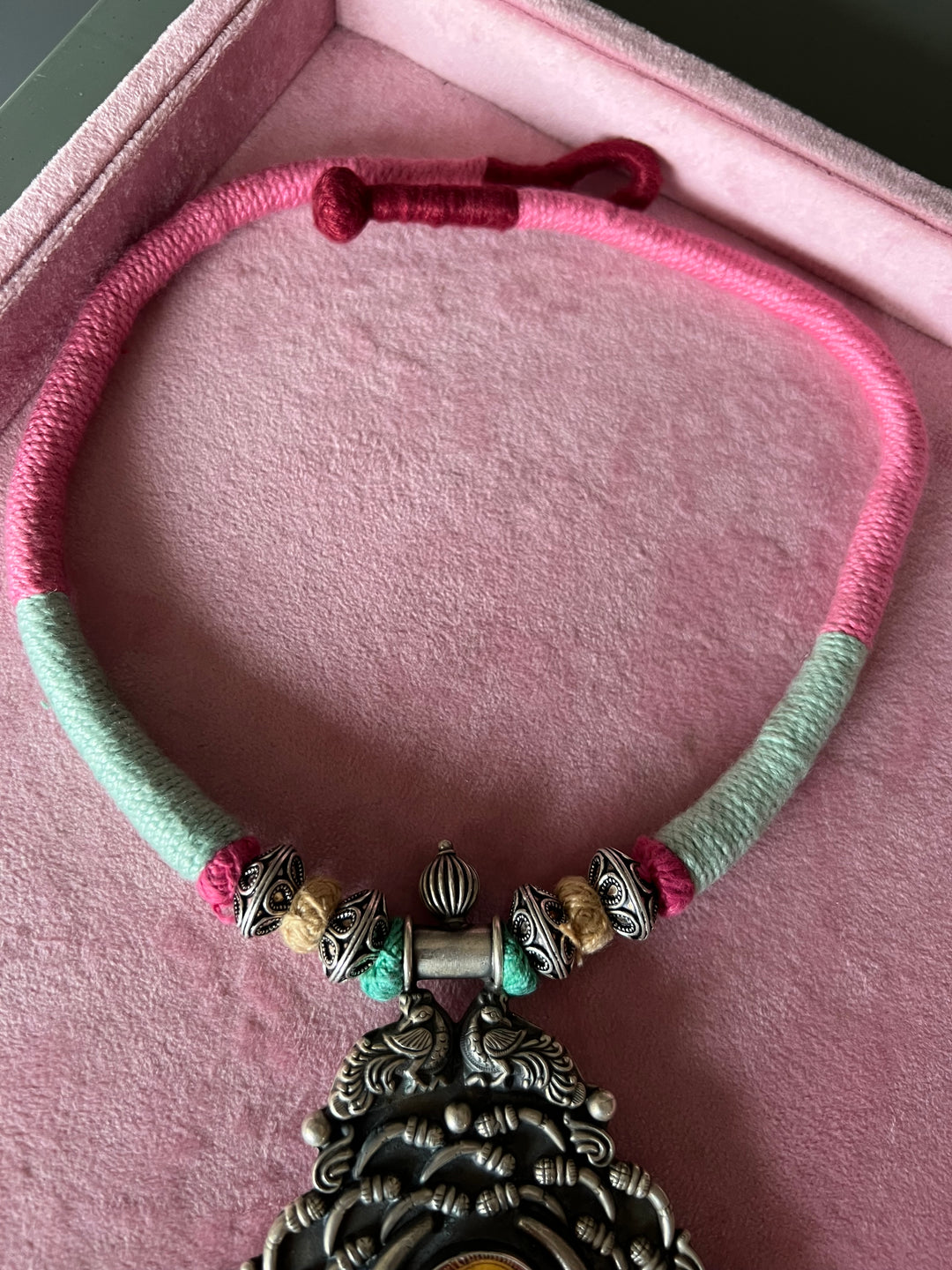 Divine Elegance: Handmade Silver Thread Pendant Necklace with Radha Krishna Figurine