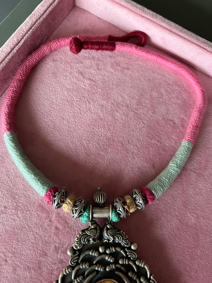 Divine Elegance: Handmade Silver Thread Pendant Necklace with Radha Krishna Figurine