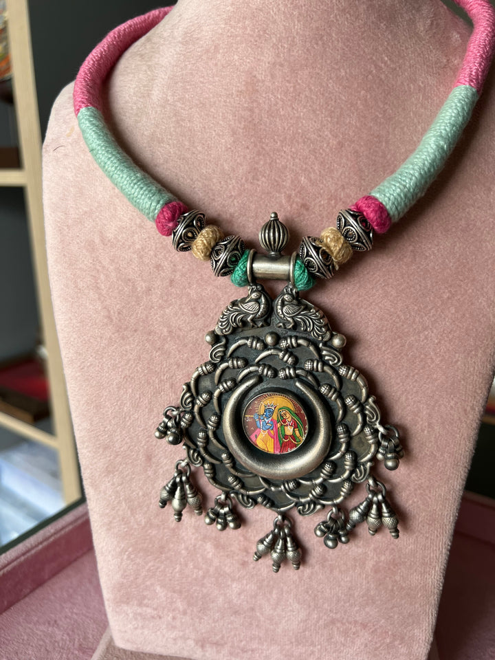 Divine Elegance: Handmade Silver Thread Pendant Necklace with Radha Krishna Figurine