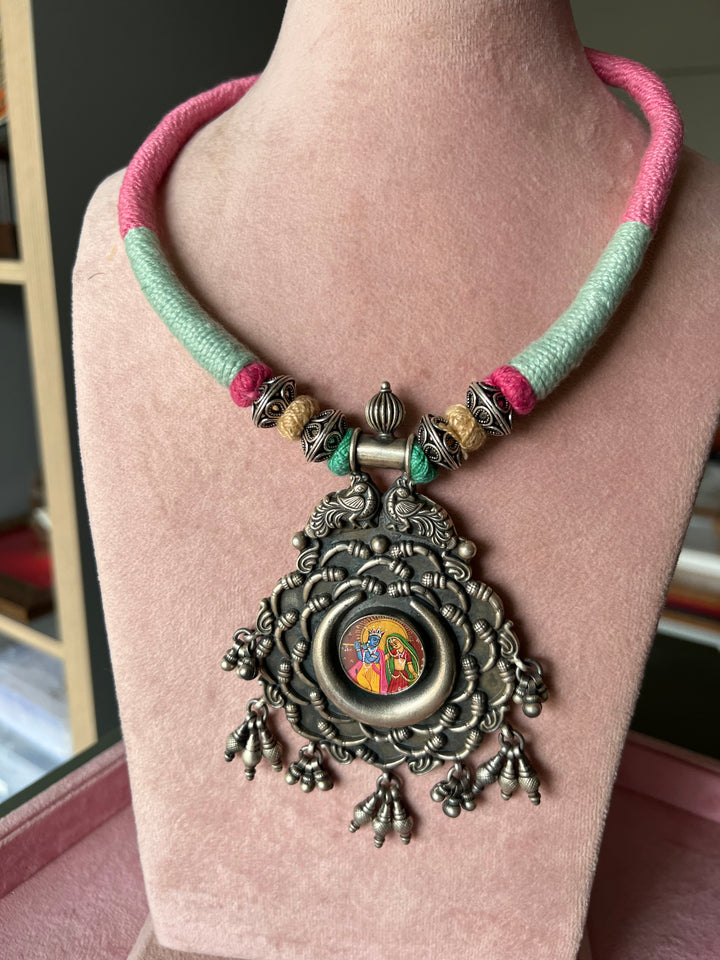 Divine Elegance: Handmade Silver Thread Pendant Necklace with Radha Krishna Figurine