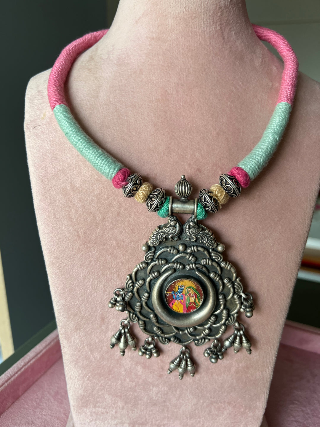 Divine Elegance: Handmade Silver Thread Pendant Necklace with Radha Krishna Figurine