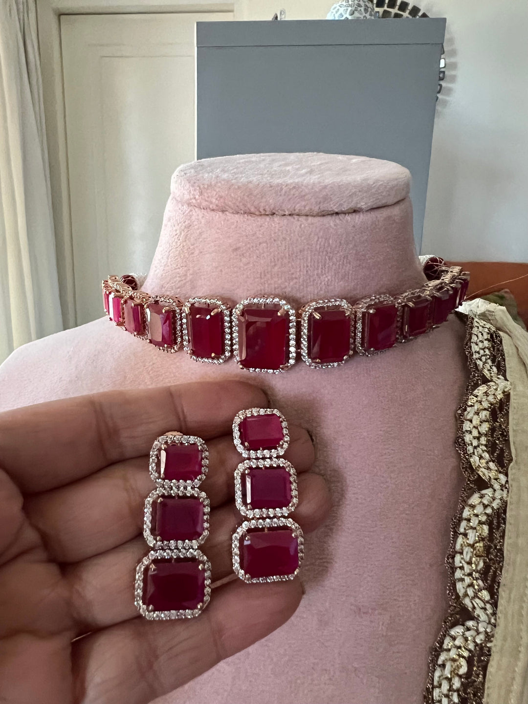 Ruby CZ Choker with Earrings
