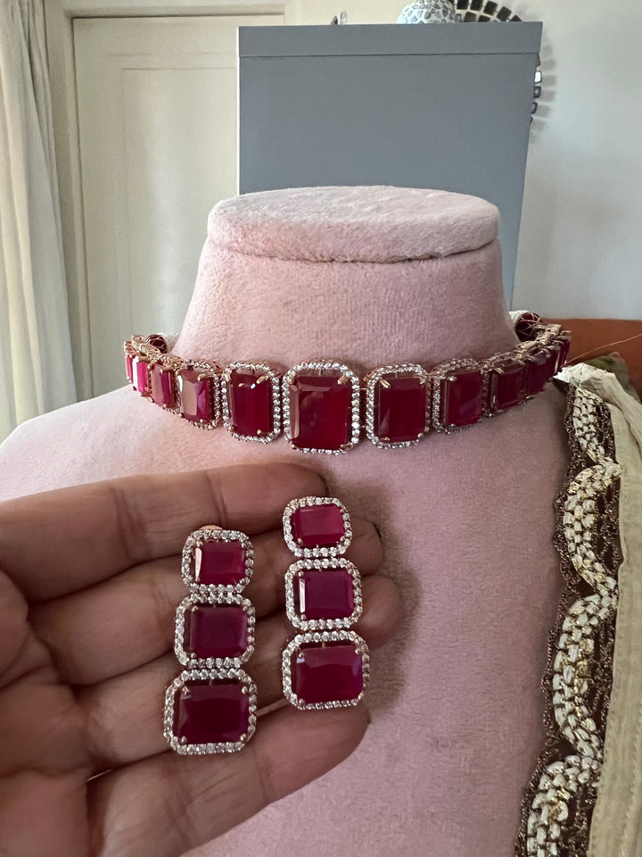 Ruby CZ Choker with Earrings