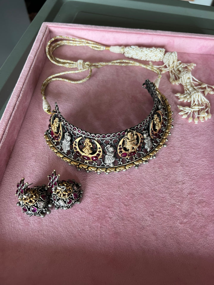 925 Silver Antique Ganesha Choker Necklace Set with Jhumkas