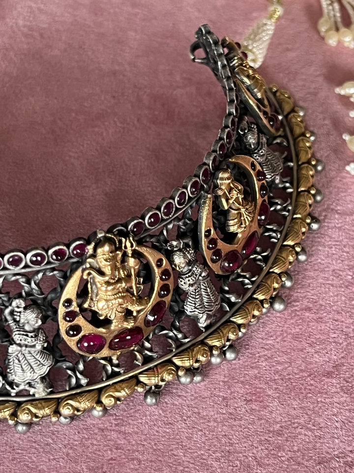 925 Silver Antique Ganesha Choker Necklace Set with Jhumkas