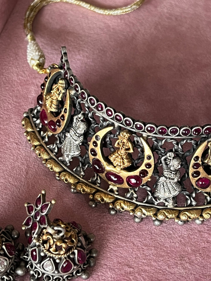 925 Silver Antique Ganesha Choker Necklace Set with Jhumkas