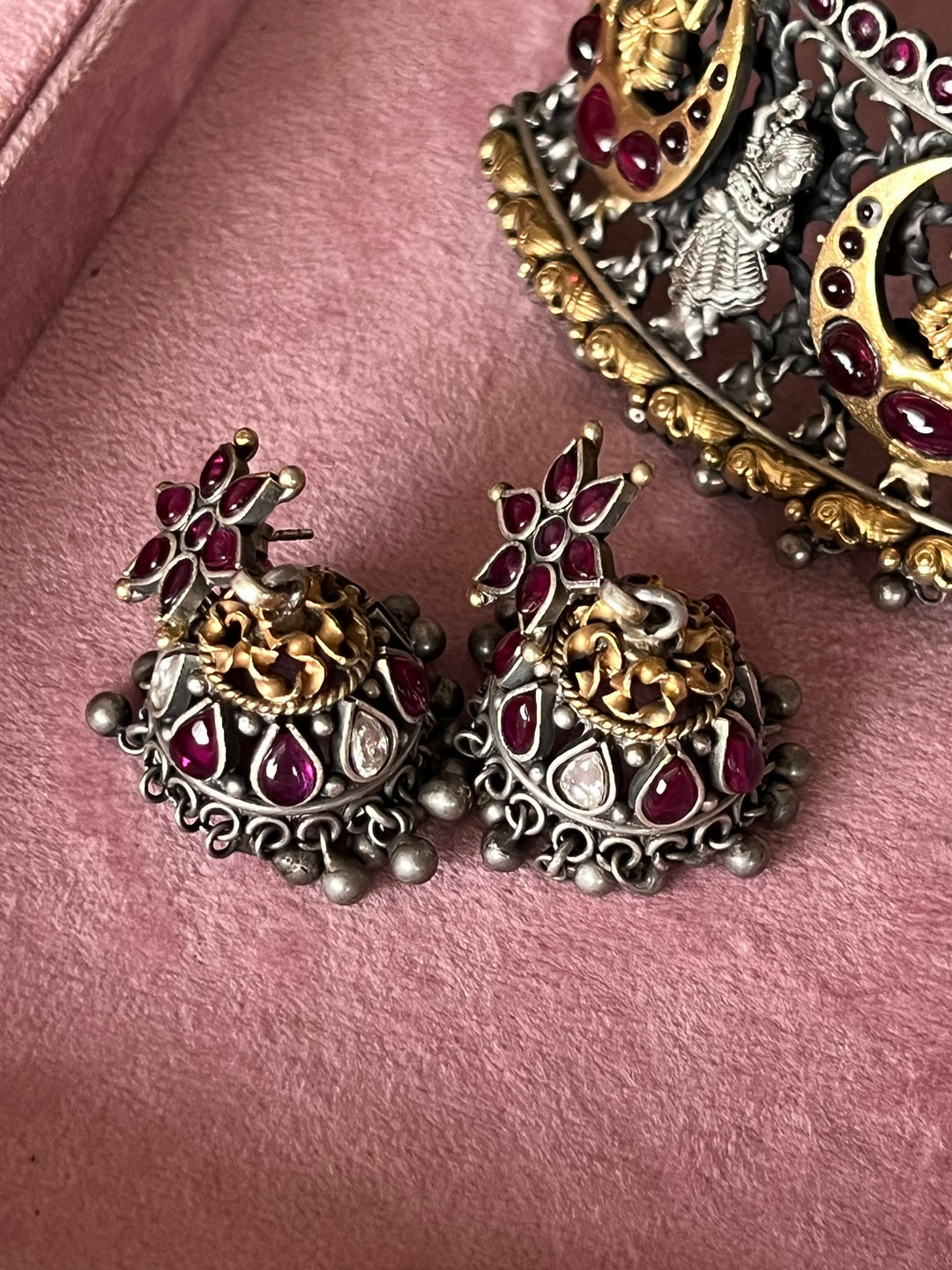 925 Silver Antique Ganesha Choker Necklace Set with Jhumkas