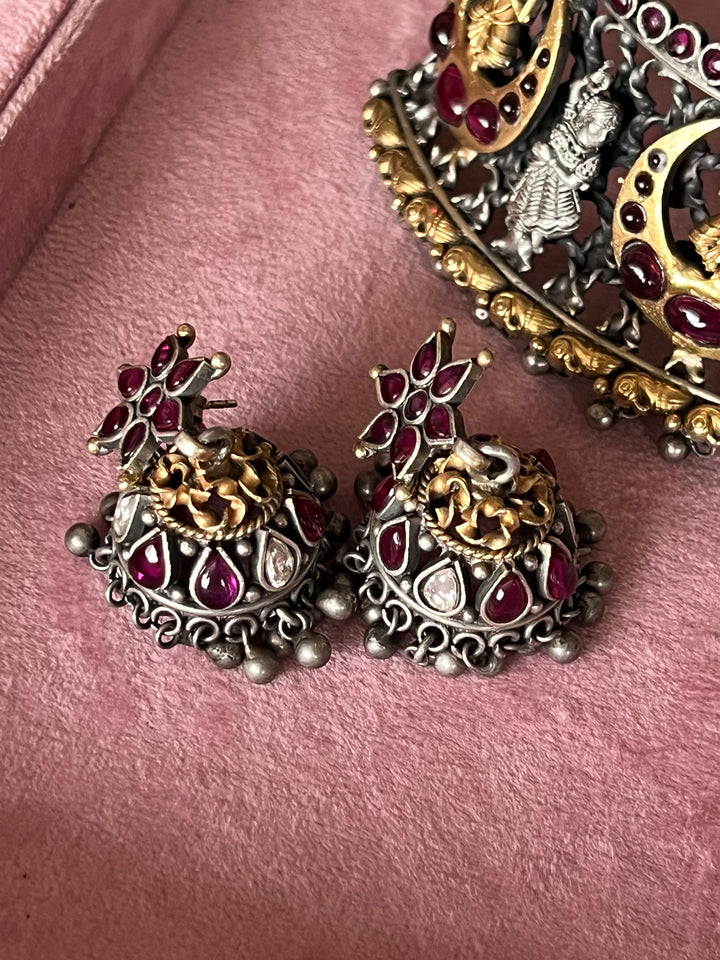 925 Silver Antique Ganesha Choker Necklace Set with Jhumkas