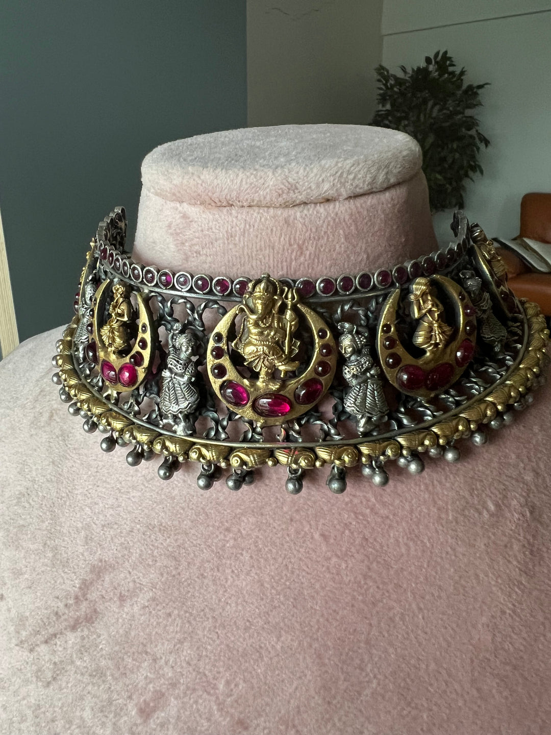 925 Silver Antique Ganesha Choker Necklace Set with Jhumkas