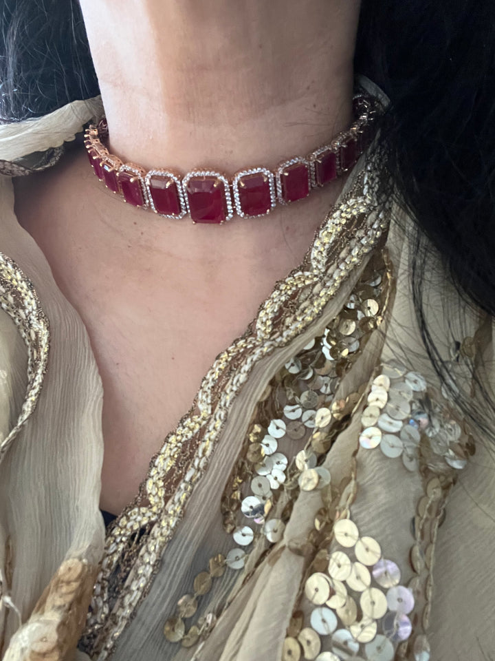 Ruby CZ Choker with Earrings