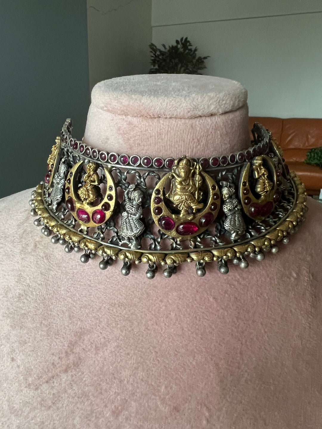 925 Silver Antique Ganesha Choker Necklace Set with Jhumkas