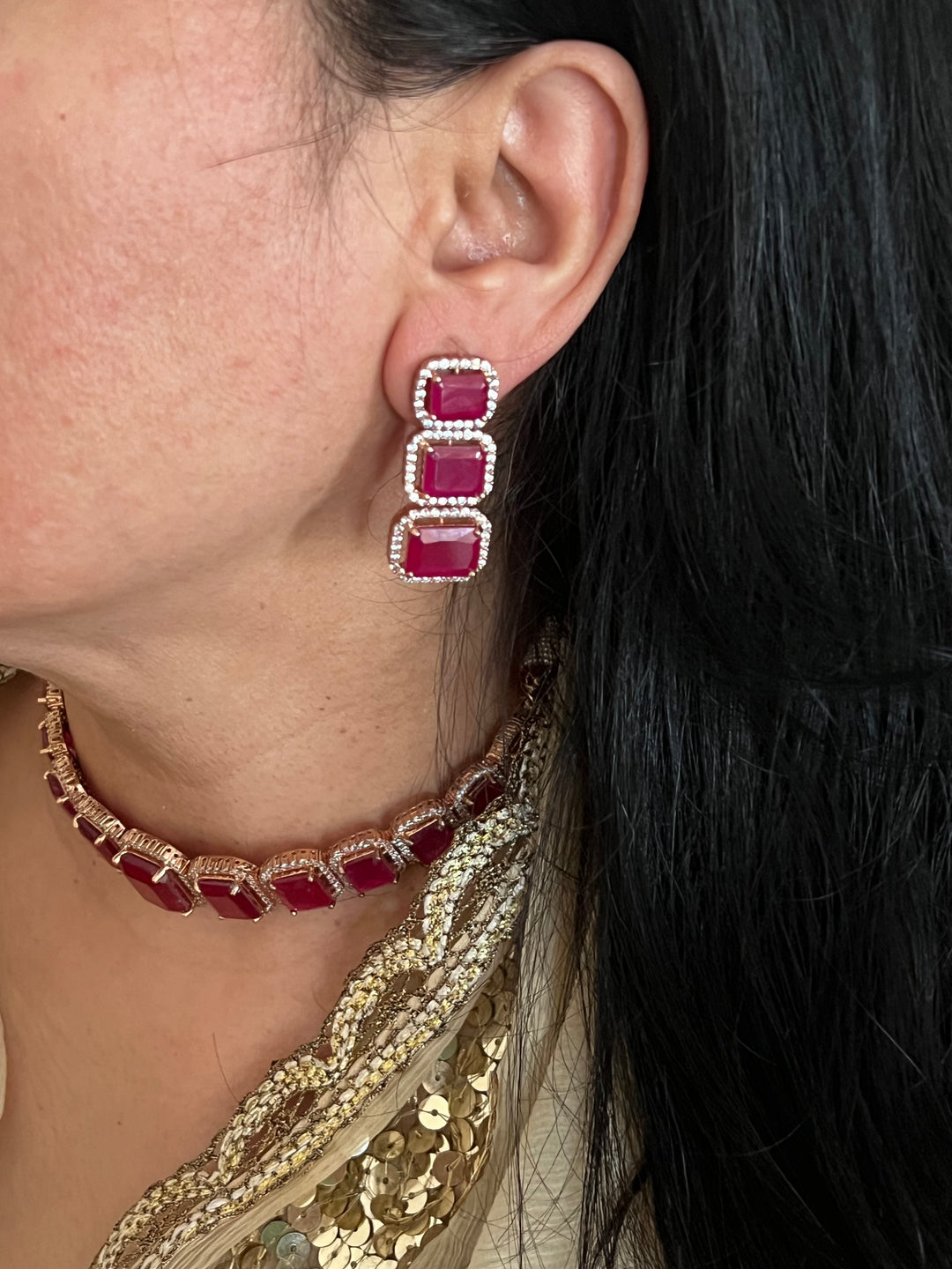 Ruby CZ Choker with Earrings