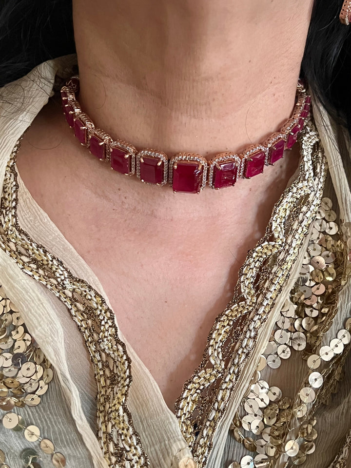 Ruby CZ Choker with Earrings