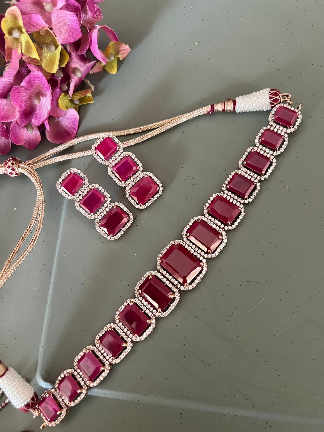 Ruby CZ Choker with Earrings