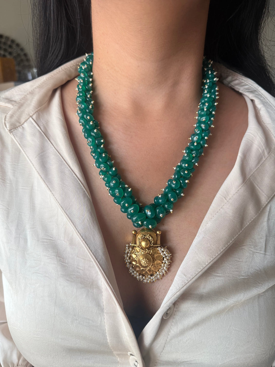 Handmade Green Onyx Cluster Necklace with 925 Silver Pendant | Adjustable Dori Statement Jewelry