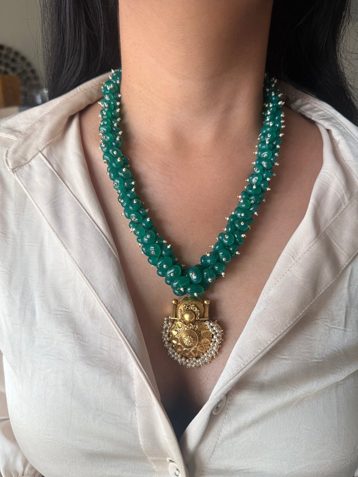 Handmade Green Onyx Cluster Necklace with 925 Silver Pendant | Adjustable Dori Statement Jewelry