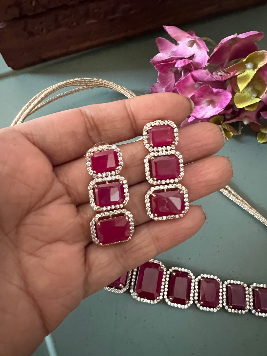 Ruby CZ Choker with Earrings