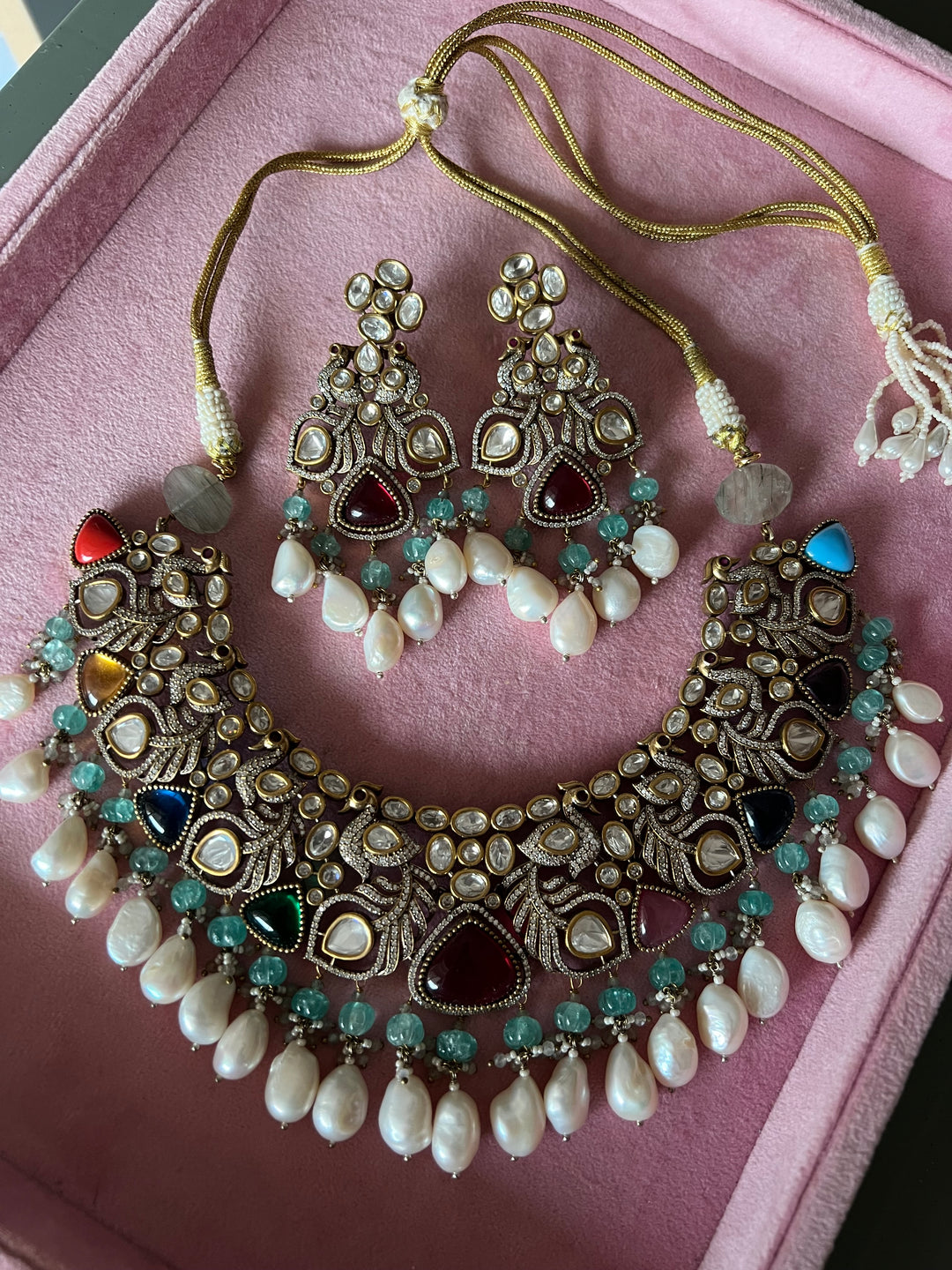 Victorian CZ Kundan Necklace with Statement Earrings