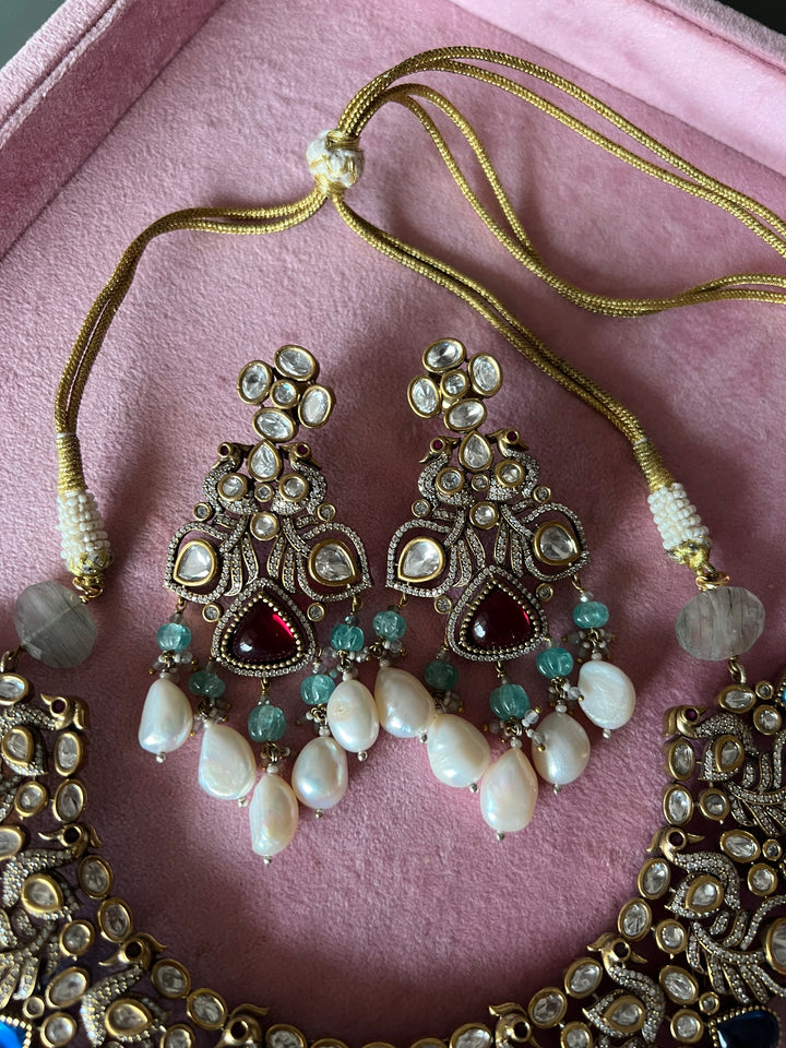 Victorian CZ Kundan Necklace with Statement Earrings