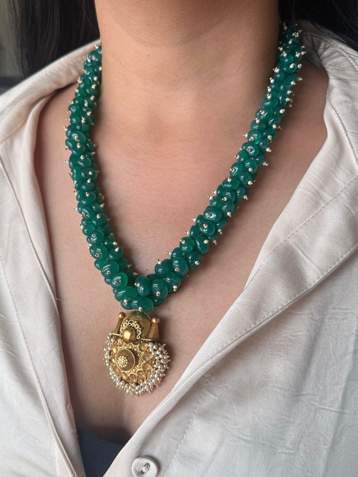 Handmade Green Onyx Cluster Necklace with 925 Silver Pendant | Adjustable Dori Statement Jewelry