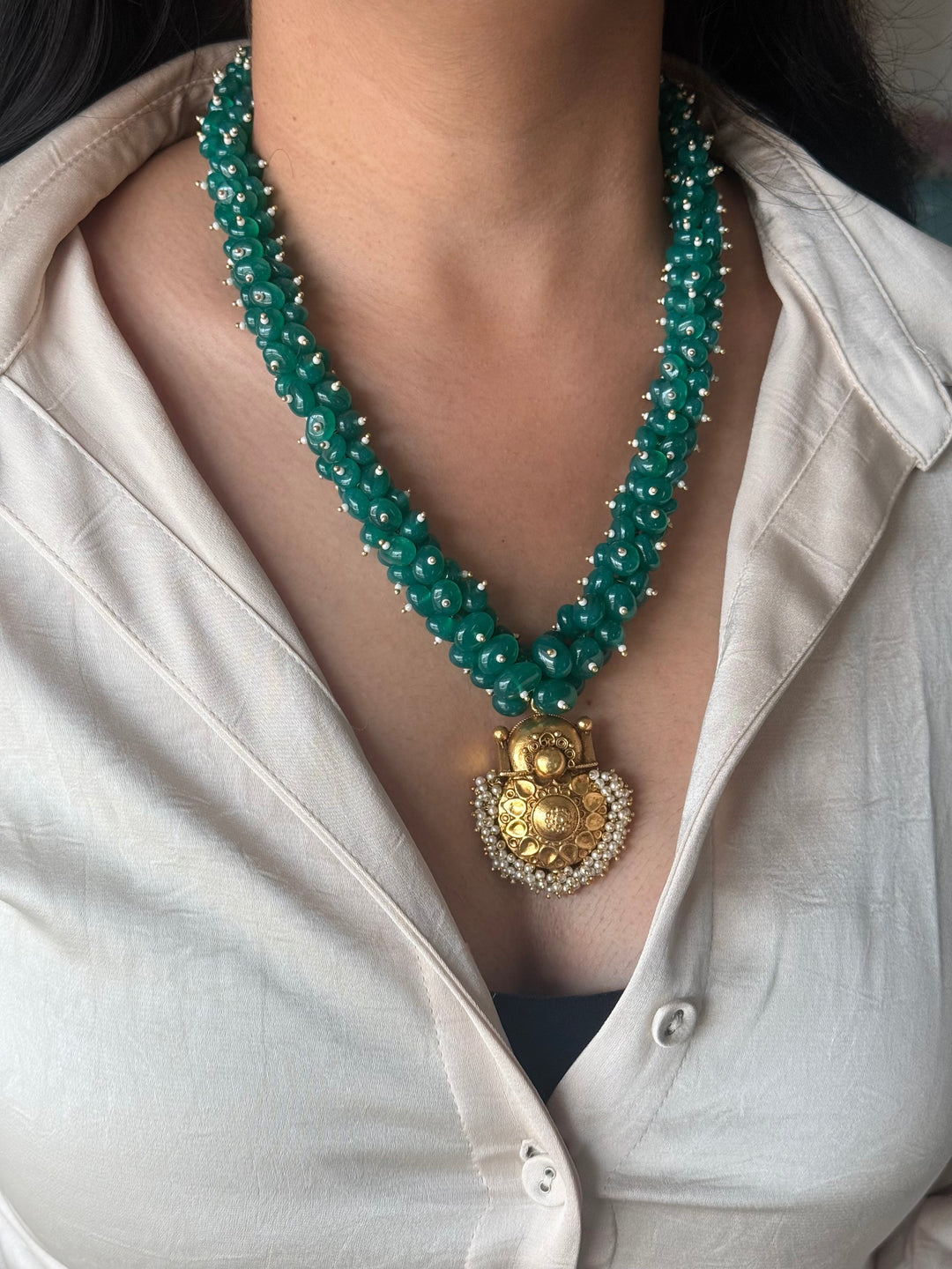 Handmade Green Onyx Cluster Necklace with 925 Silver Pendant | Adjustable Dori Statement Jewelry