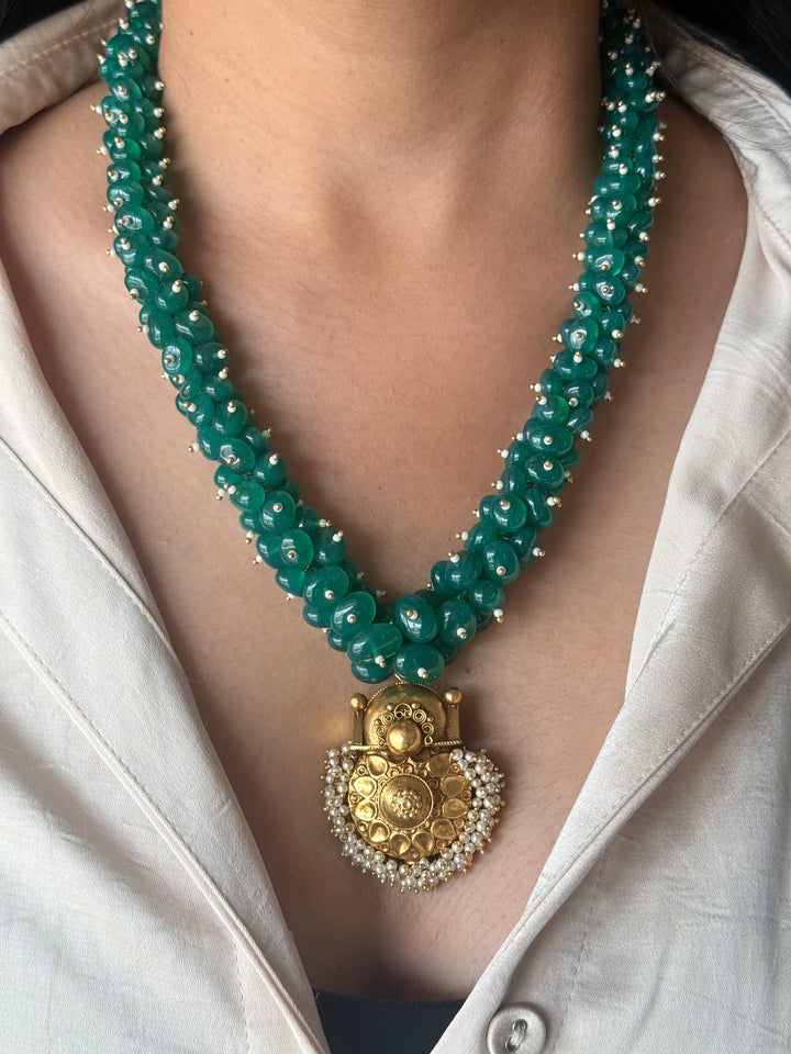 Handmade Green Onyx Cluster Necklace with 925 Silver Pendant | Adjustable Dori Statement Jewelry