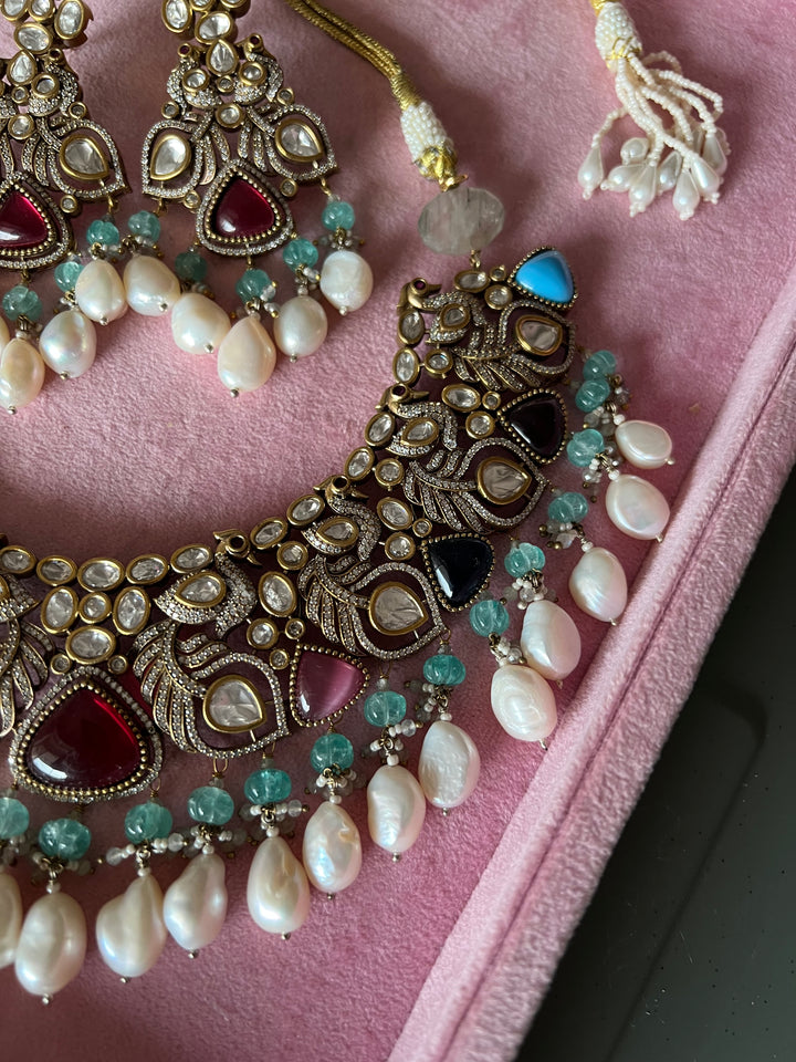 Victorian CZ Kundan Necklace with Statement Earrings