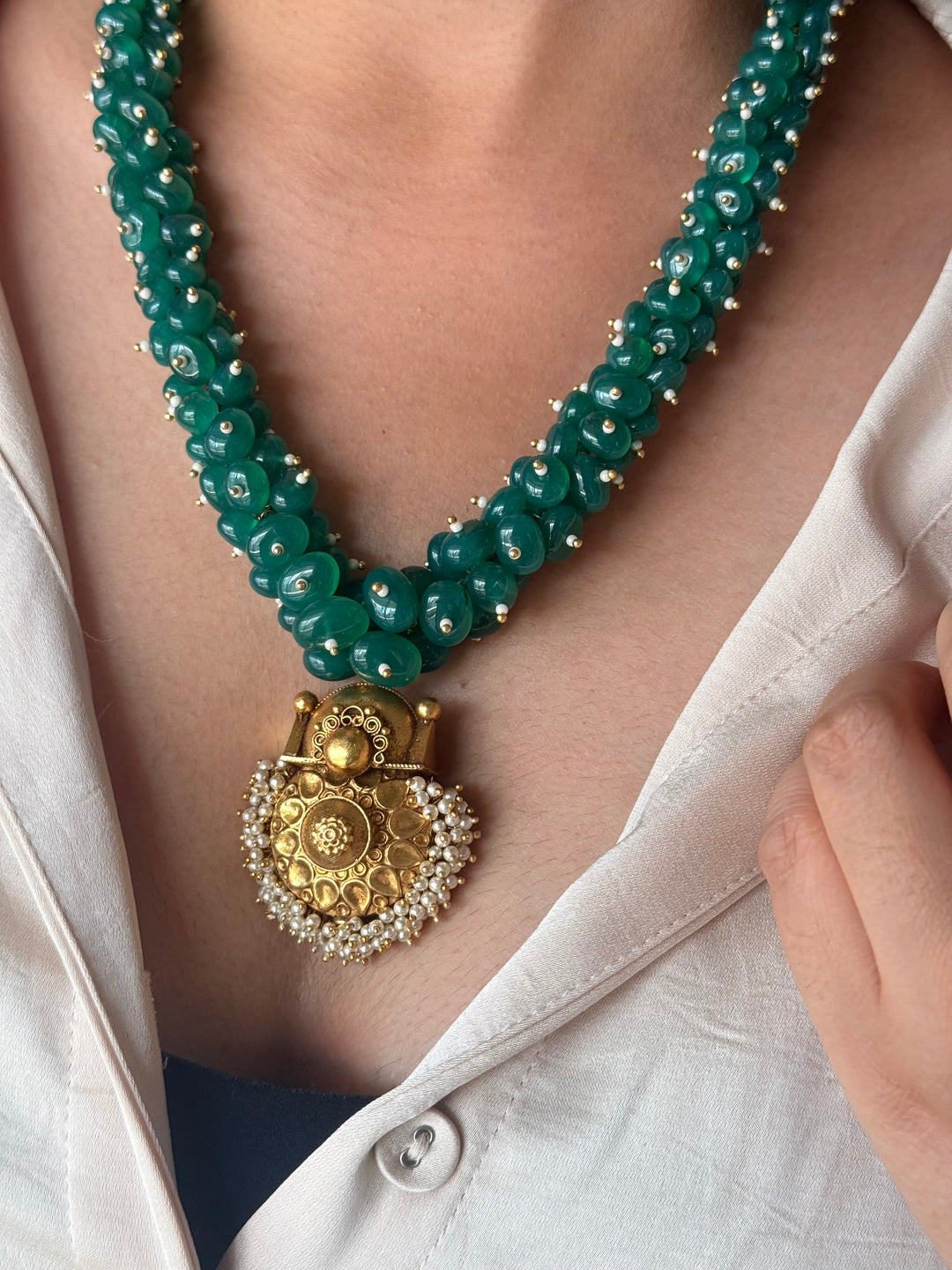 Handmade Green Onyx Cluster Necklace with 925 Silver Pendant | Adjustable Dori Statement Jewelry