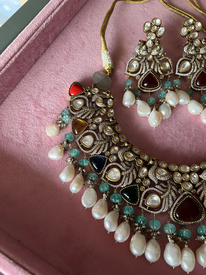 Victorian CZ Kundan Necklace with Statement Earrings