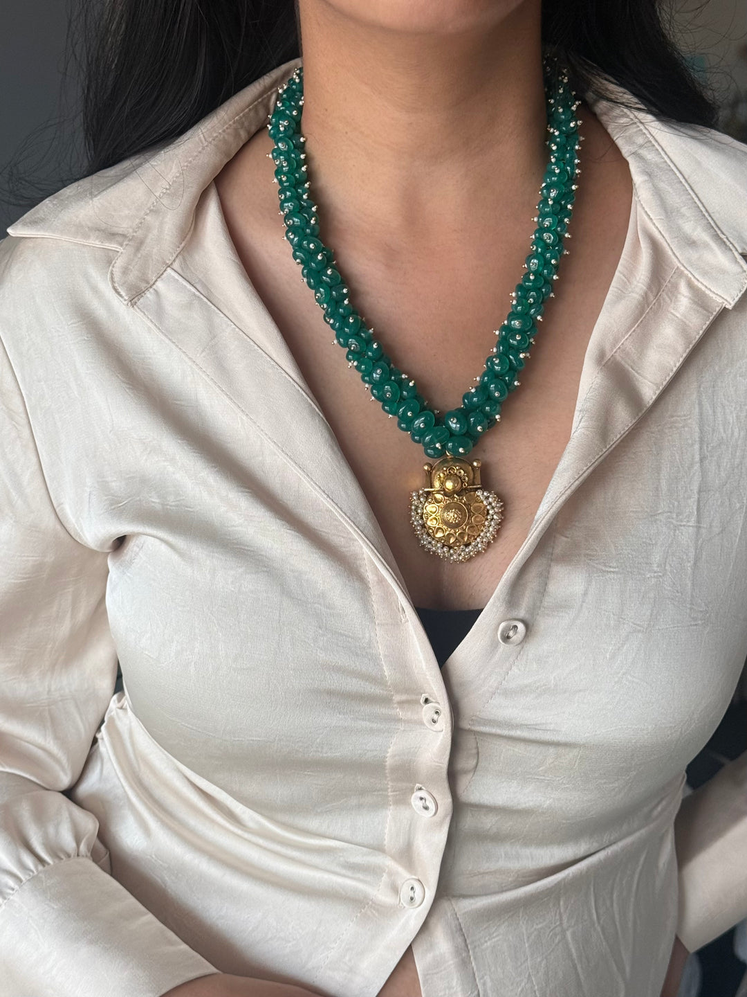 Handmade Green Onyx Cluster Necklace with 925 Silver Pendant | Adjustable Dori Statement Jewelry