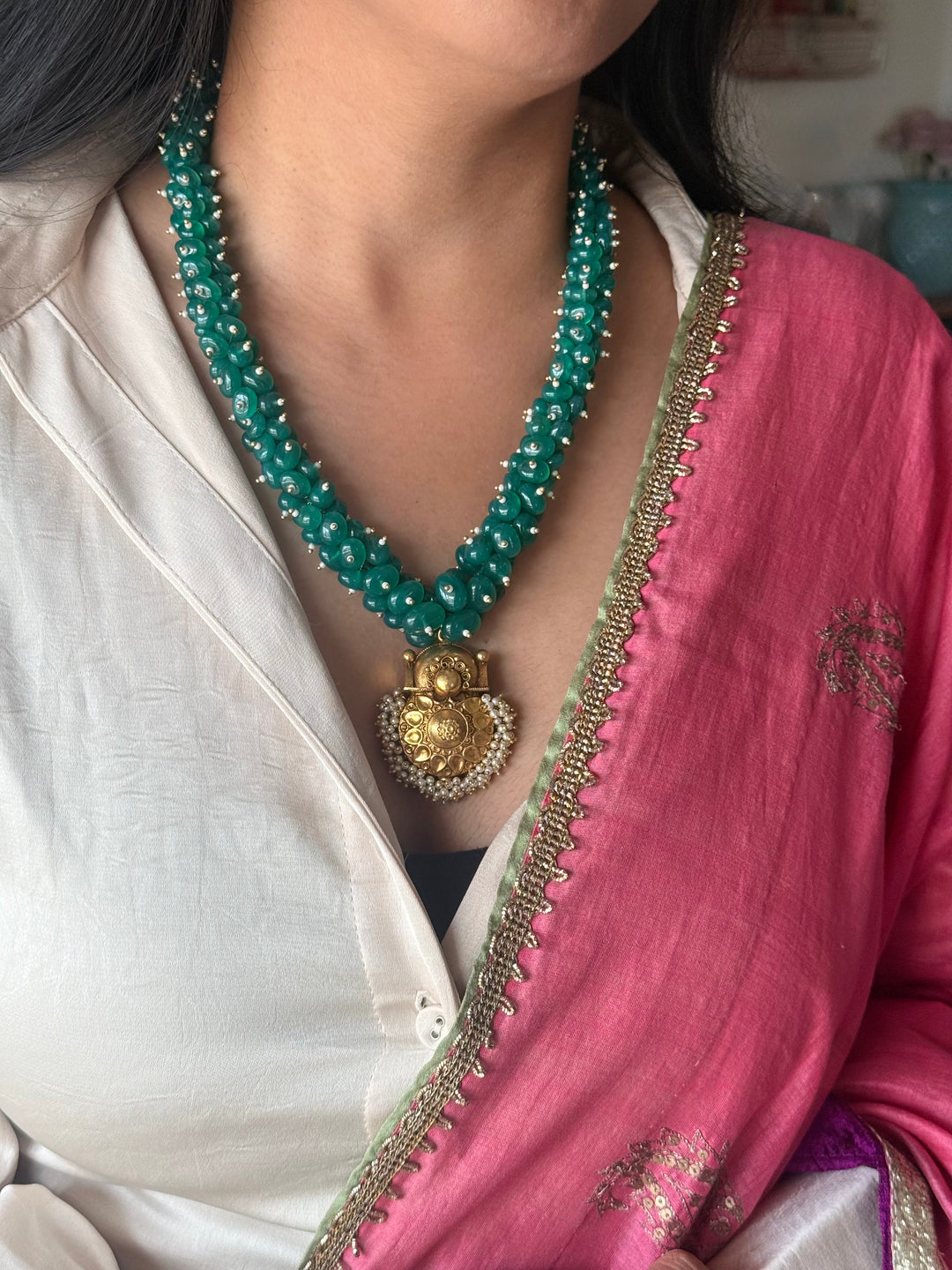 Handmade Green Onyx Cluster Necklace with 925 Silver Pendant | Adjustable Dori Statement Jewelry