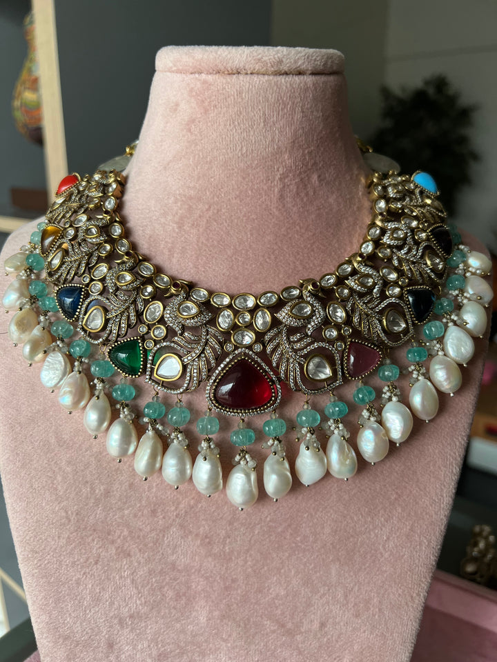 Victorian CZ Kundan Necklace with Statement Earrings