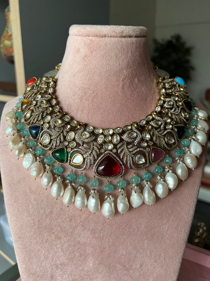 Victorian CZ Kundan Necklace with Statement Earrings