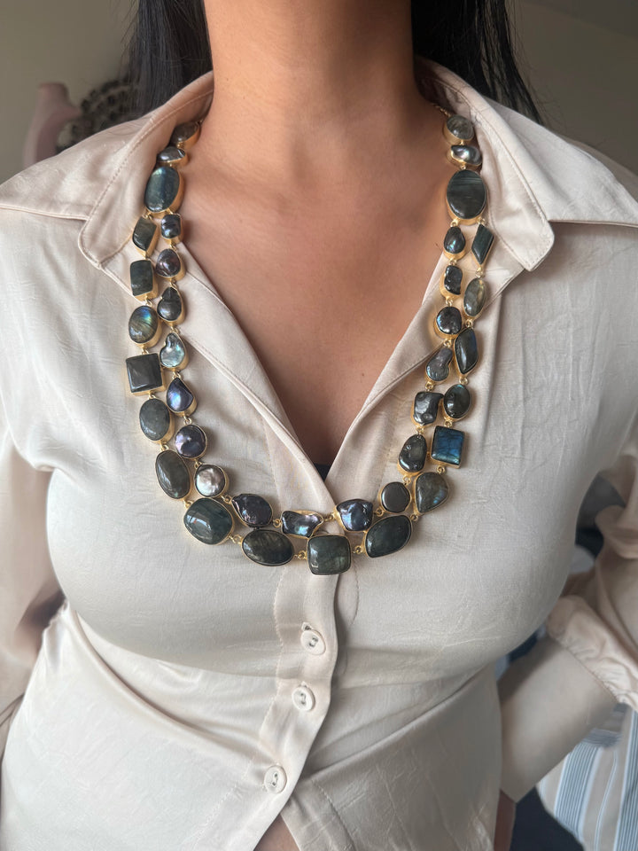 Handmade Natural Labradorite Statement Necklace | Brass Adjustable Hook Closure Jewelry
