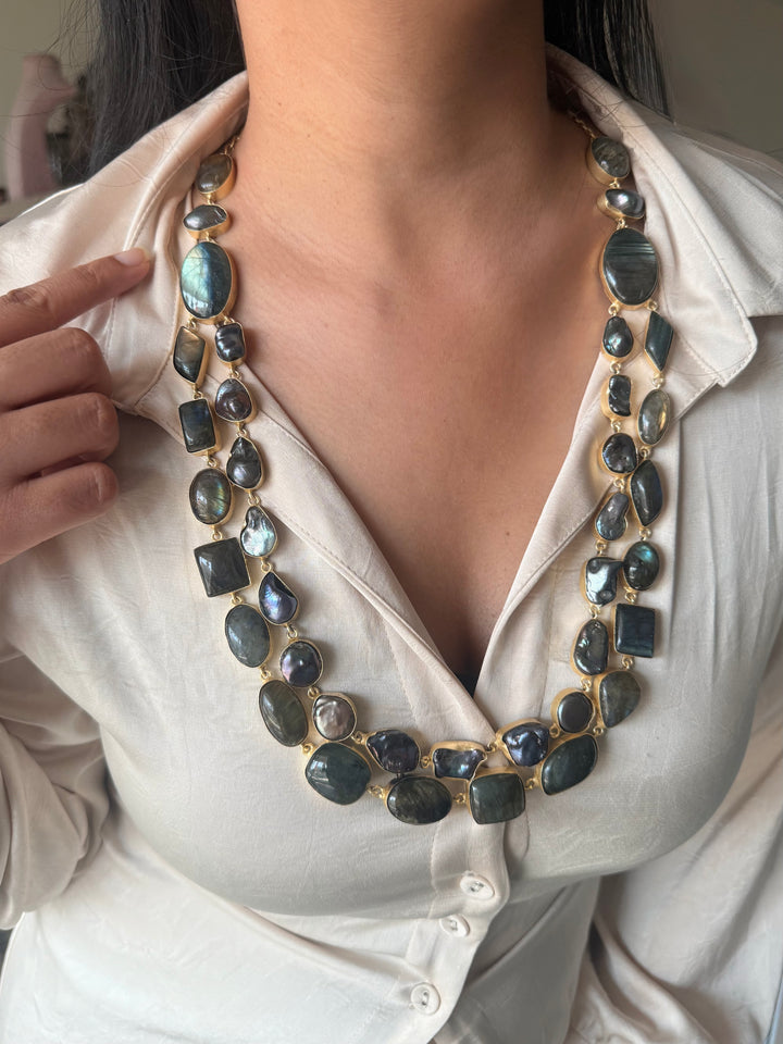 Handmade Natural Labradorite Statement Necklace | Brass Adjustable Hook Closure Jewelry