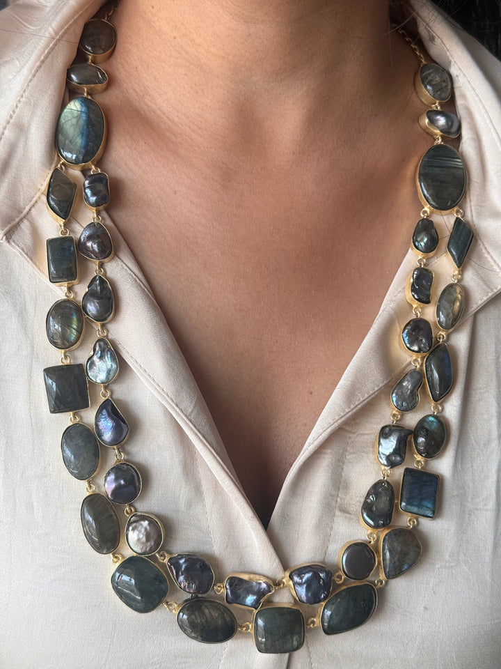Handmade Natural Labradorite Statement Necklace | Brass Adjustable Hook Closure Jewelry