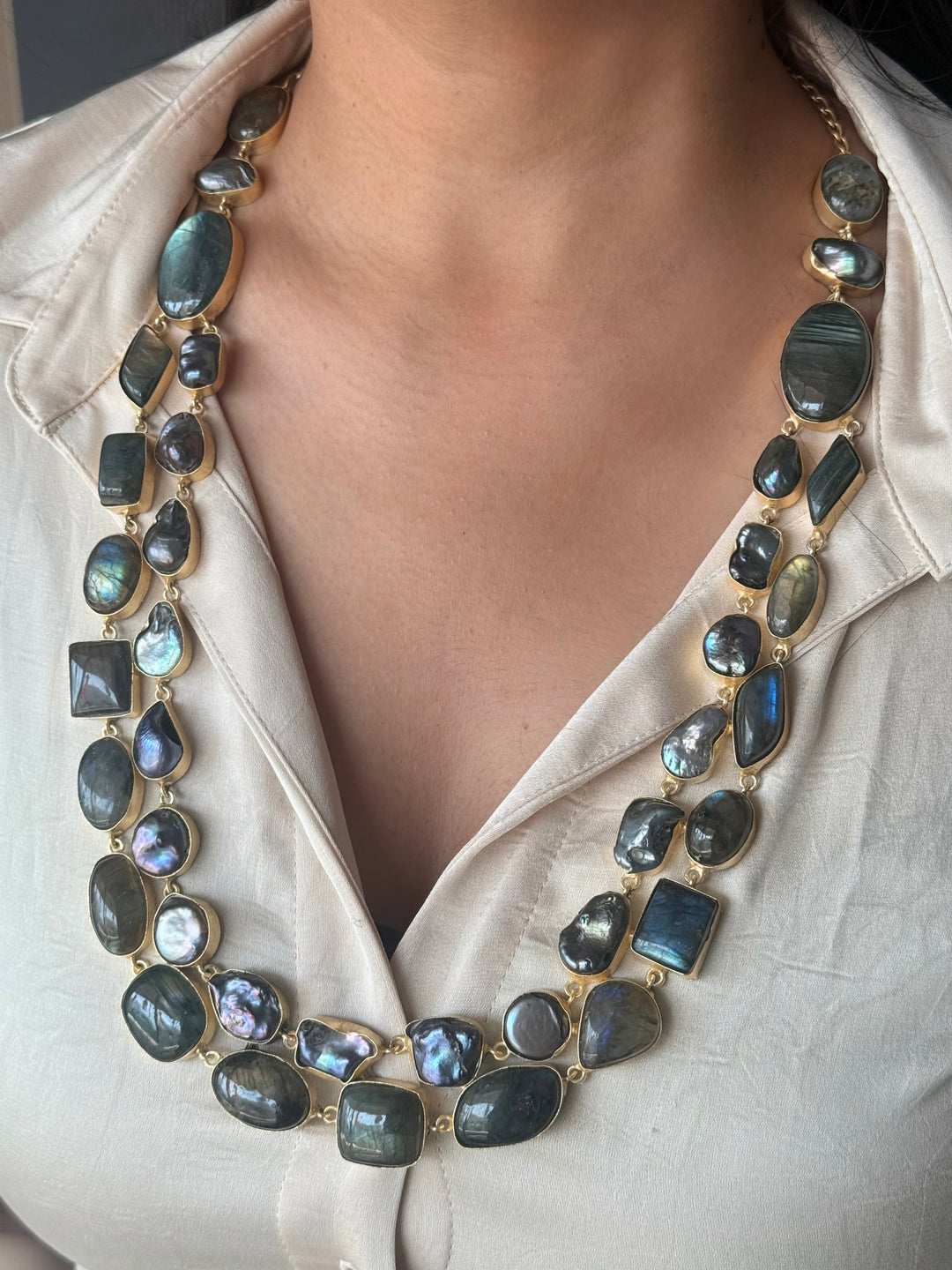 Handmade Natural Labradorite Statement Necklace | Brass Adjustable Hook Closure Jewelry