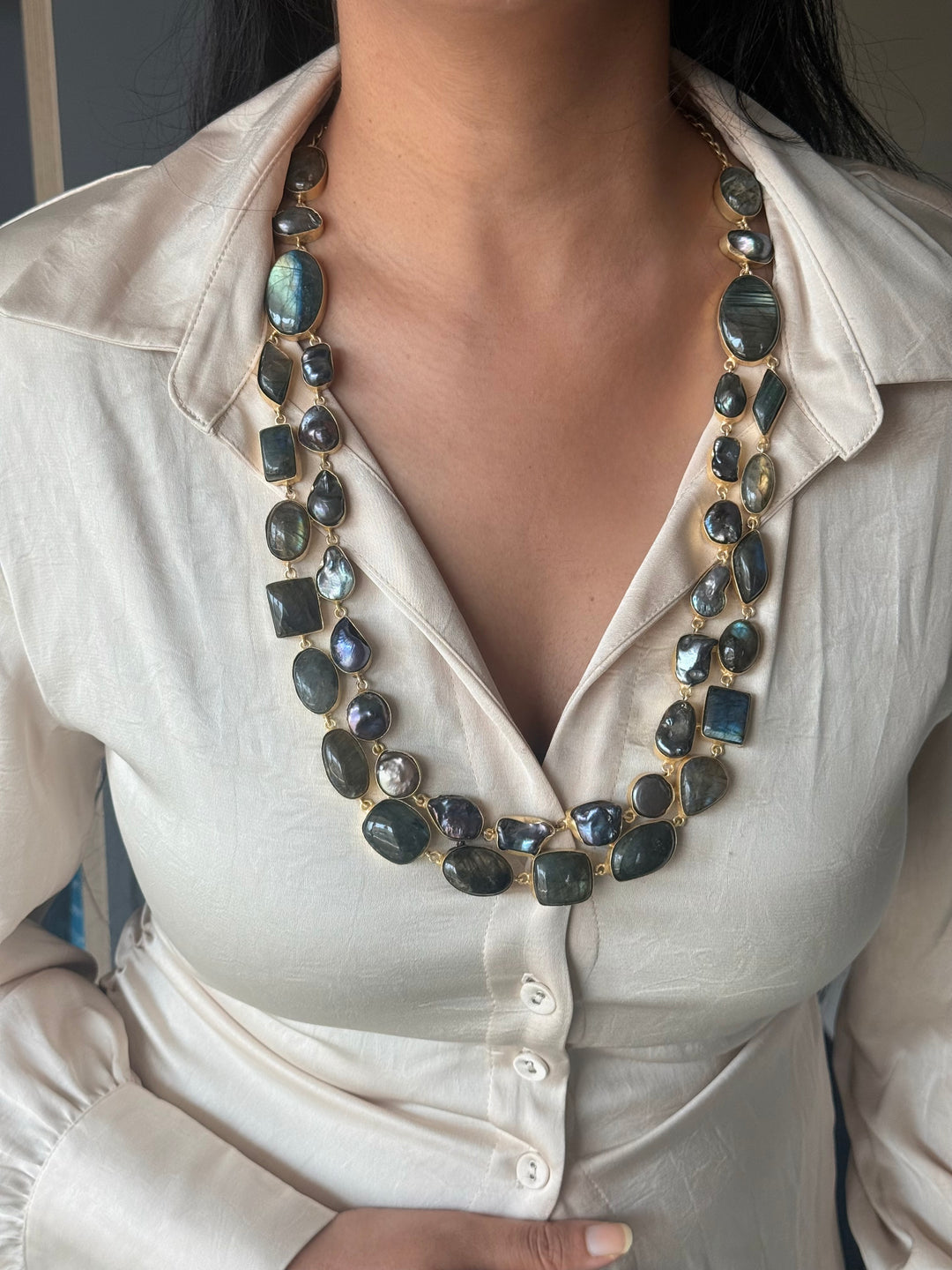 Handmade Natural Labradorite Statement Necklace | Brass Adjustable Hook Closure Jewelry