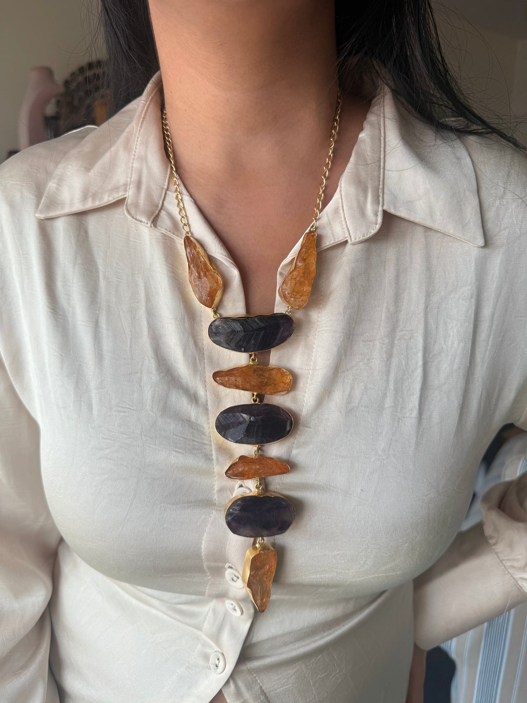 Handmade Brass Amethyst and Citrine Tie Necklace: Modern Adjustable Gemstone Pendant