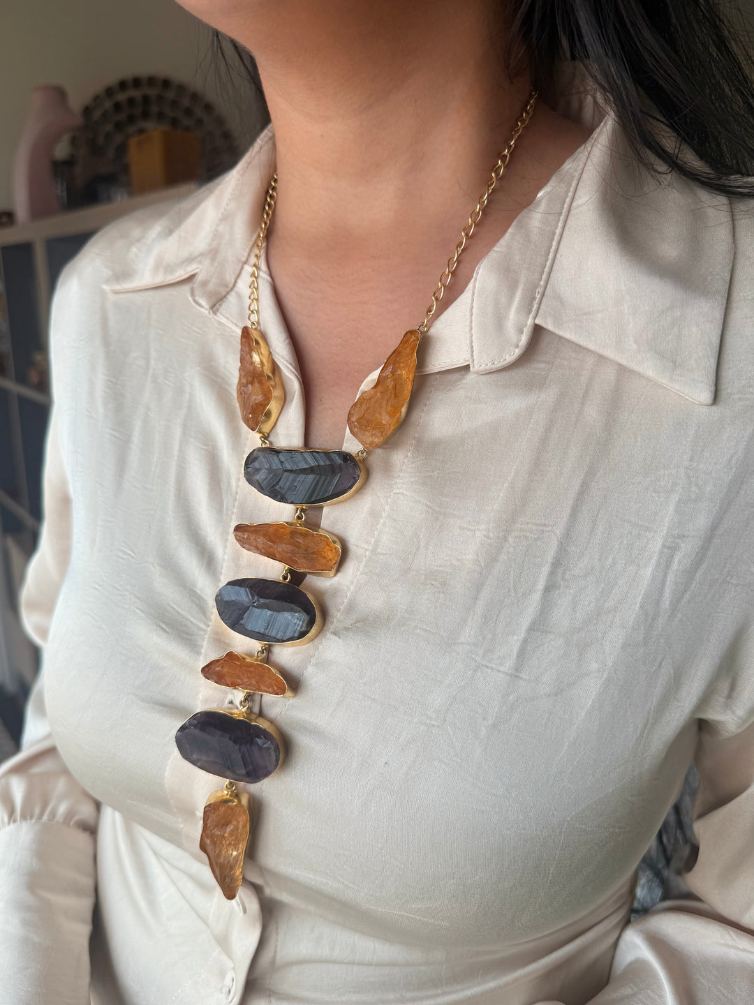 Handmade Brass Amethyst and Citrine Tie Necklace: Modern Adjustable Gemstone Pendant