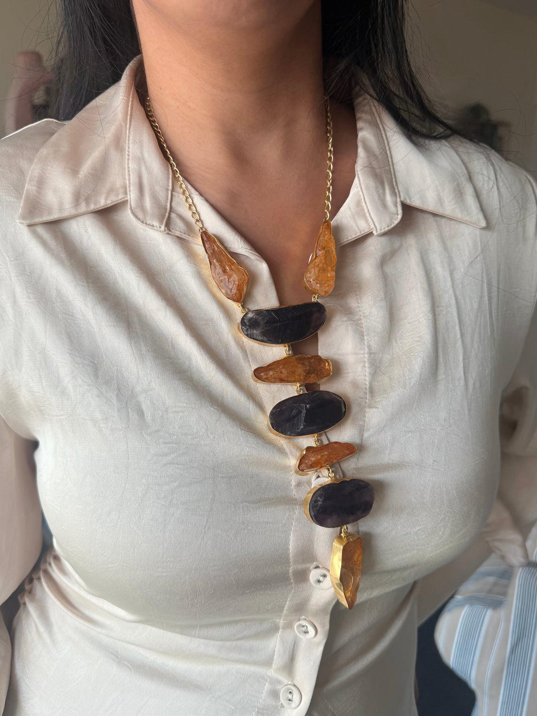 Handmade Brass Amethyst and Citrine Tie Necklace: Modern Adjustable Gemstone Pendant