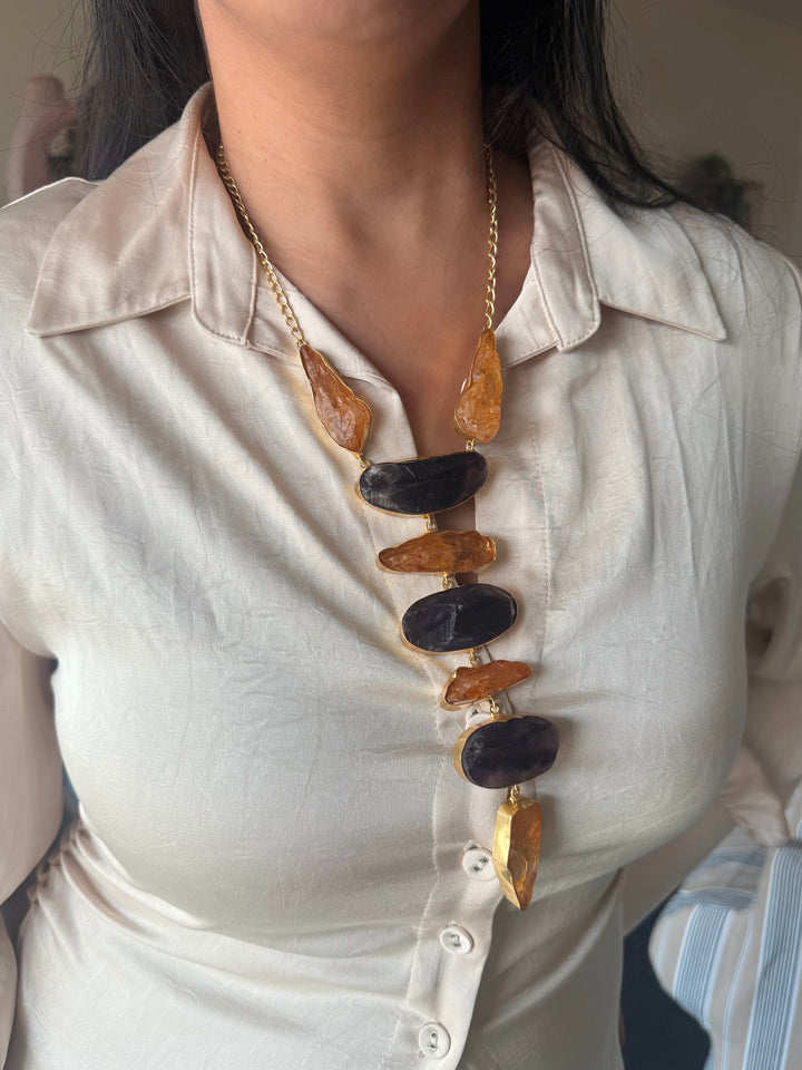 Handmade Brass Amethyst and Citrine Tie Necklace: Modern Adjustable Gemstone Pendant