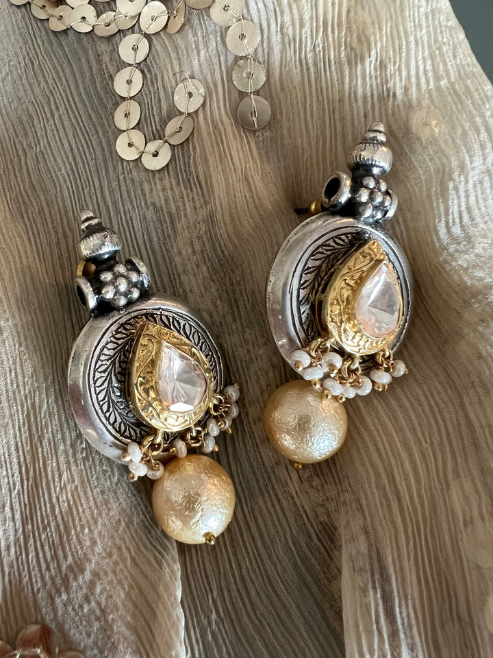 Statement 925 Silver Earrings with Natural Pearls & Kundan Work - Handmade, One of a Kind